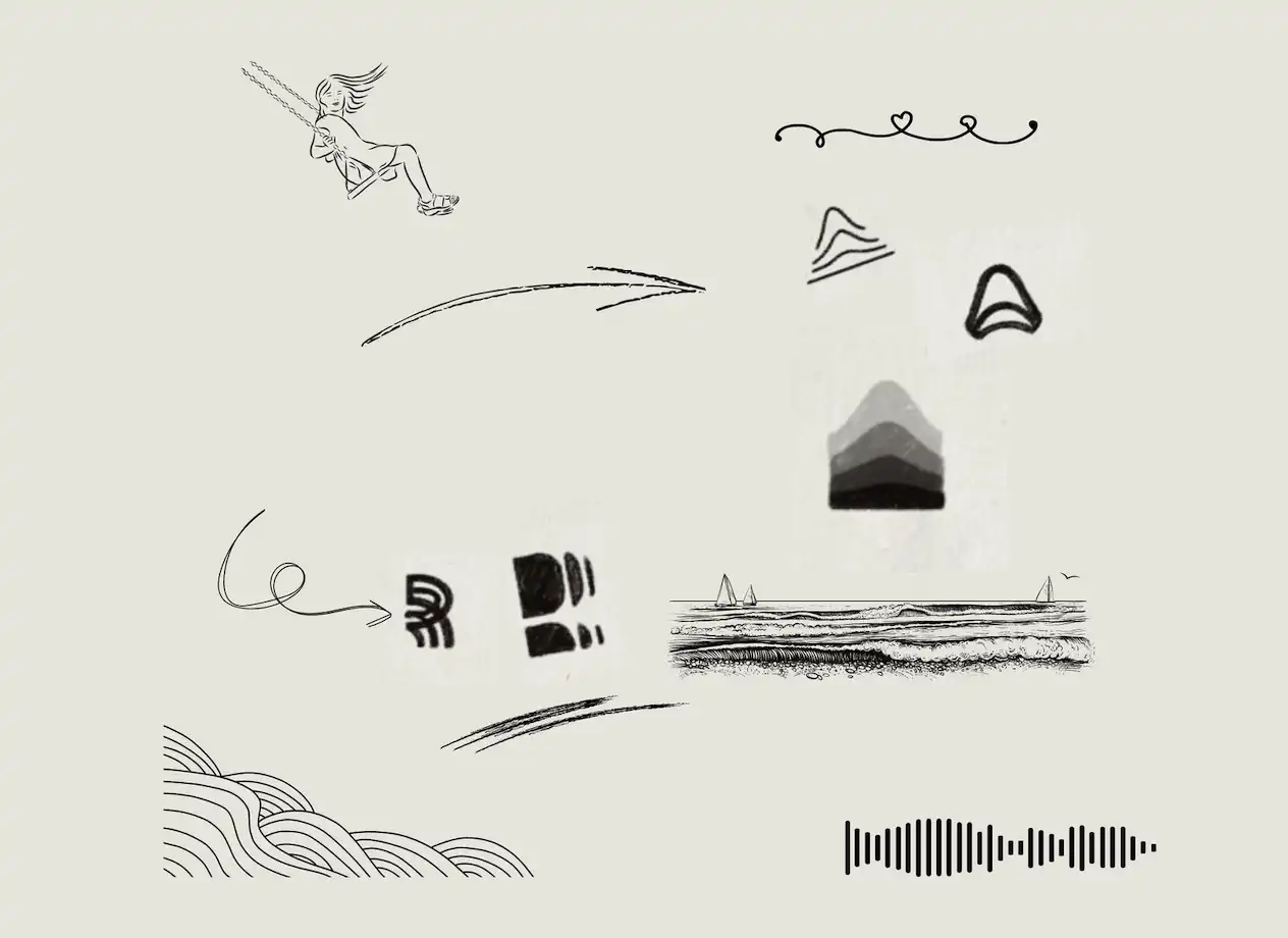 Artistic illustration with resonance-themed sketches and waves
