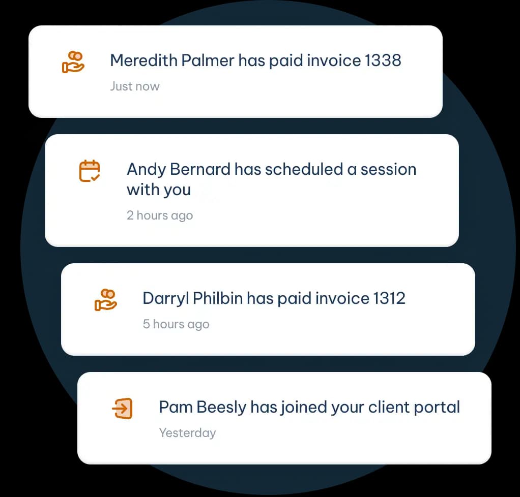 Resonant notification cards showing client activity